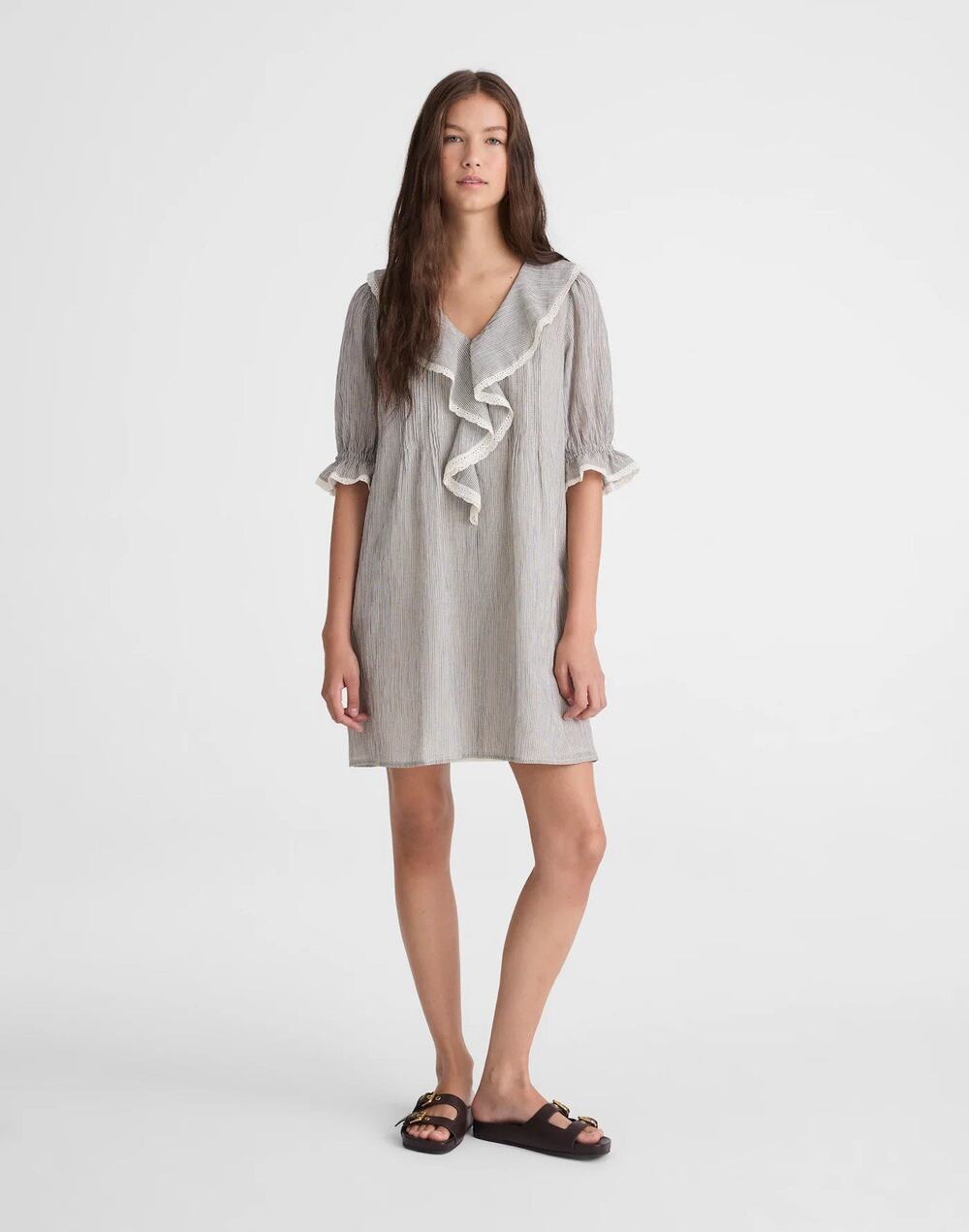 Madewell Stripe Ruffle Mini Dress Gray White Puff Sleeve Size XS